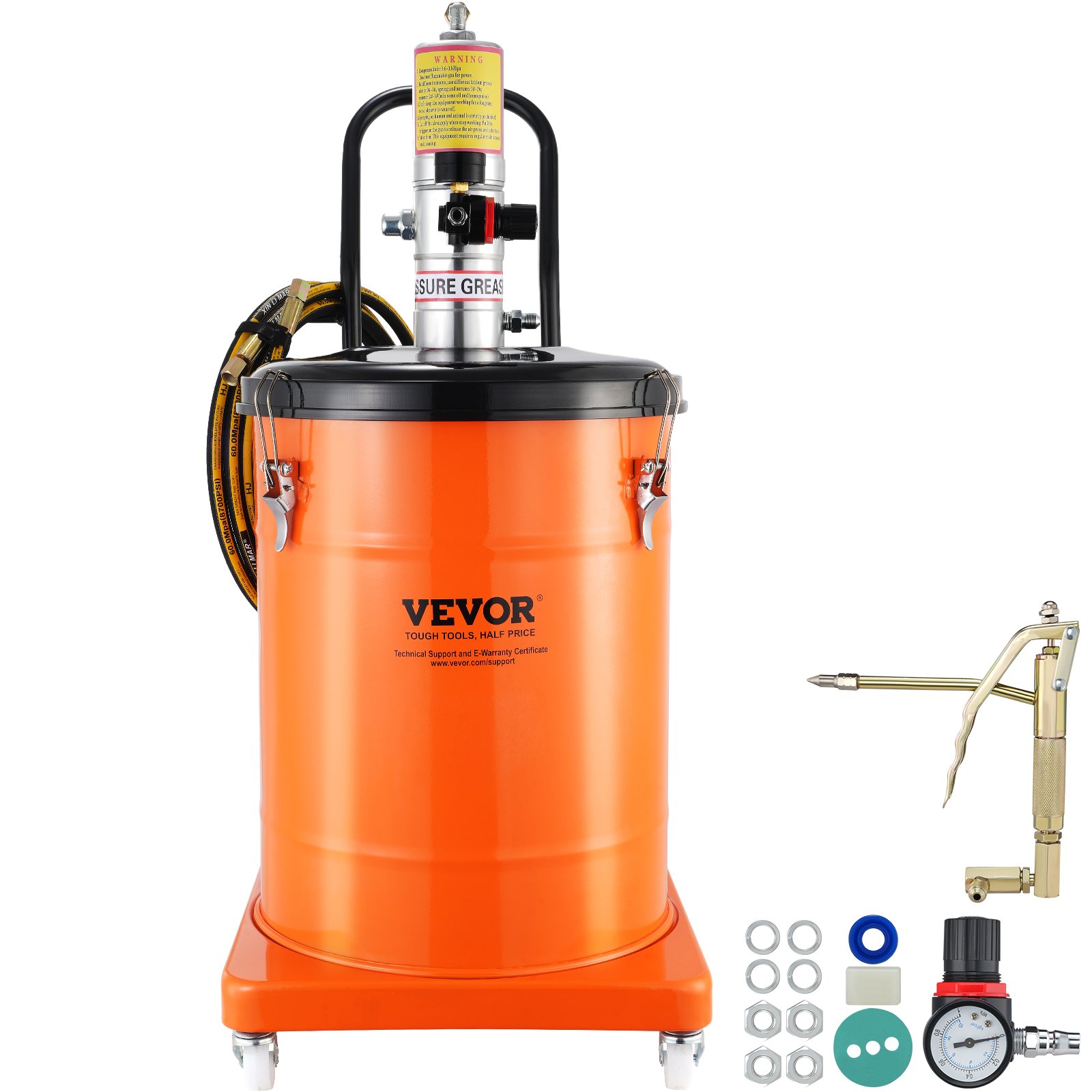 VEVOR Grease Pump, 10.5 Gallon 40L Air Operated Grease Pump with 13 ft High Pressure Hose and Grease Gun, Pneumatic Grease Bucket Pump with Wheels, Portable Lubrication Grease Pump 50:1 Pressure Ratio
