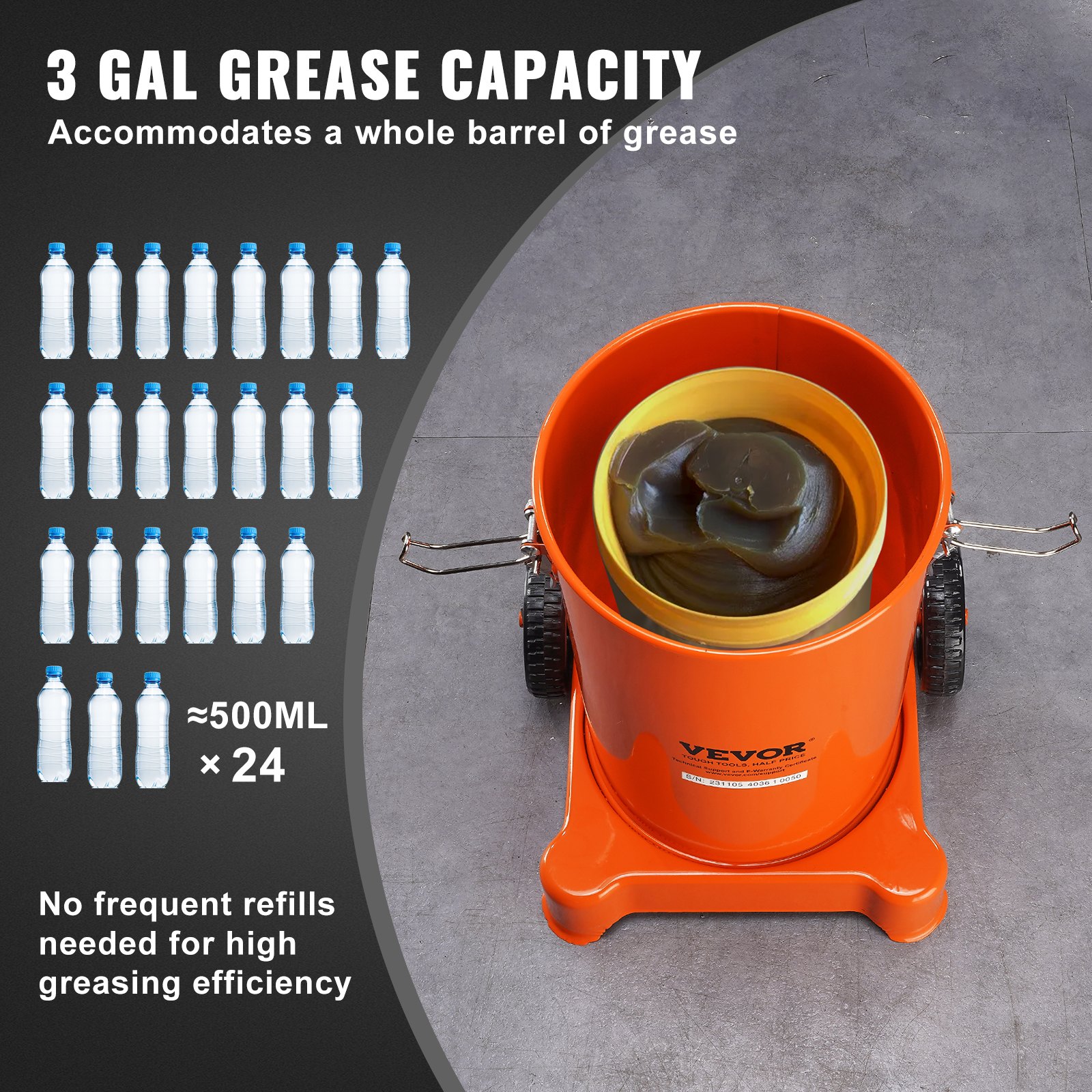VEVOR Grease Pump, 12L 3 Gallon Capacity, Air Operated Grease Pump with 3.88 m High Pressure Hose and Grease Gun, Pneumatic Grease Bucket Pump with Wheels, Portable Lubrication Grease Pump 50:1 Pressure Ratio