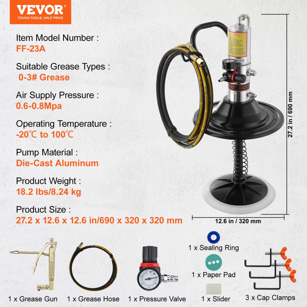 VEVOR Grease Pump, 50:1 Pressure Ratio Air Operated Grease Pump with 3.88 m High Pressure Hose and Grease Gun, Pneumatic Grease Pump with Barrel Cap, Portable Lubrication Grease Pump 360° Gun Head