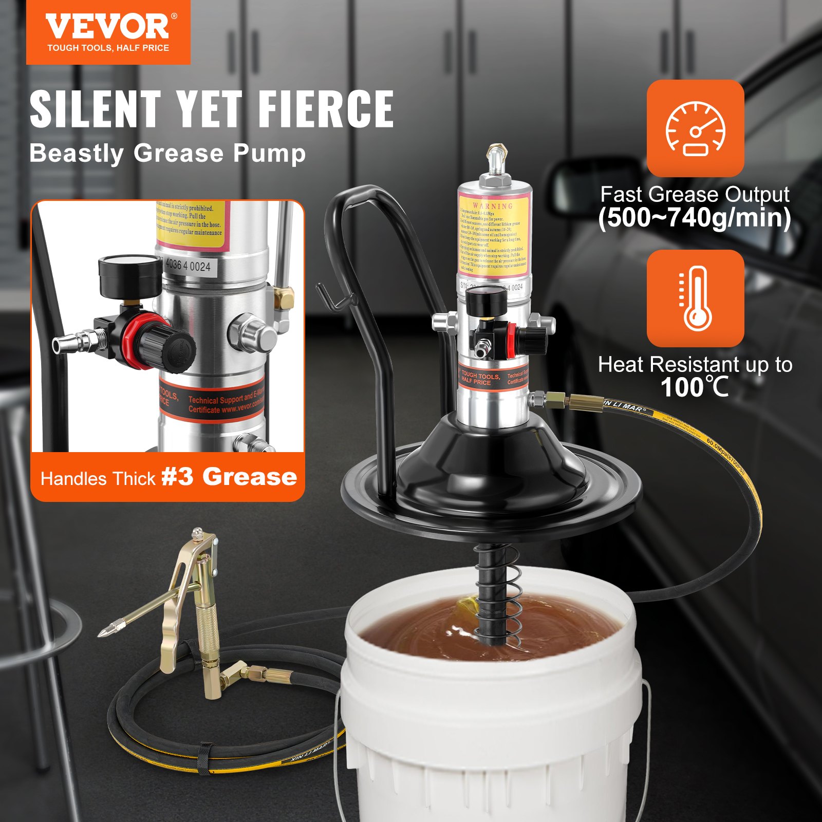 VEVOR Grease Pump, 50:1 Pressure Ratio Air Operated Grease Pump with 3.88 m High Pressure Hose and Grease Gun, Pneumatic Grease Pump with Barrel Cap, Portable Lubrication Grease Pump 360° Gun Head