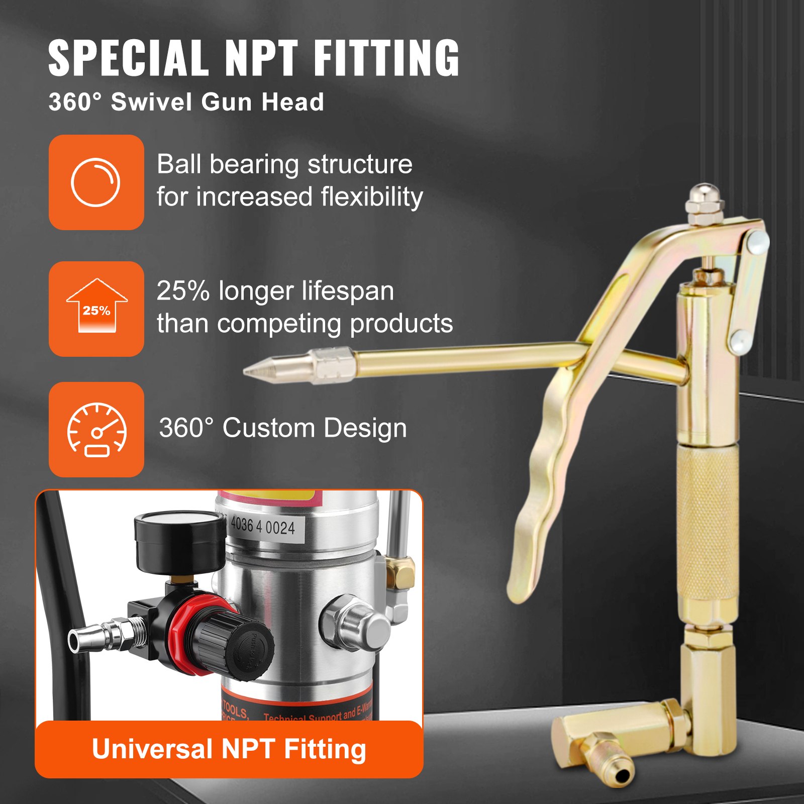 VEVOR Grease Pump, 50:1 Pressure Ratio Air Operated Grease Pump with 3.88 m High Pressure Hose and Grease Gun, Pneumatic Grease Pump with Barrel Cap, Portable Lubrication Grease Pump 360° Gun Head