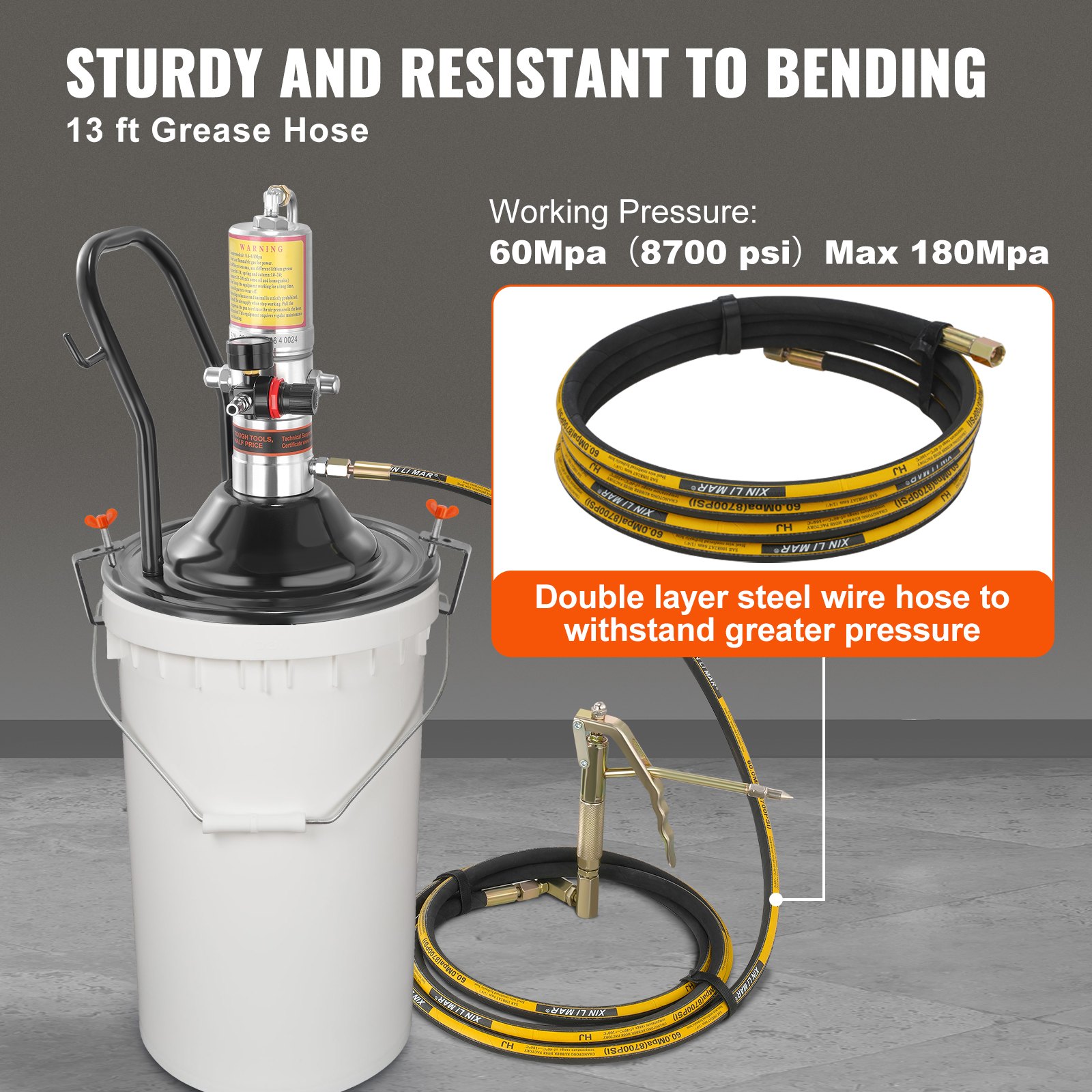 VEVOR Grease Pump, 50:1 Pressure Ratio Air Operated Grease Pump with 3.88 m High Pressure Hose and Grease Gun, Pneumatic Grease Pump with Barrel Cap, Portable Lubrication Grease Pump 360° Gun Head