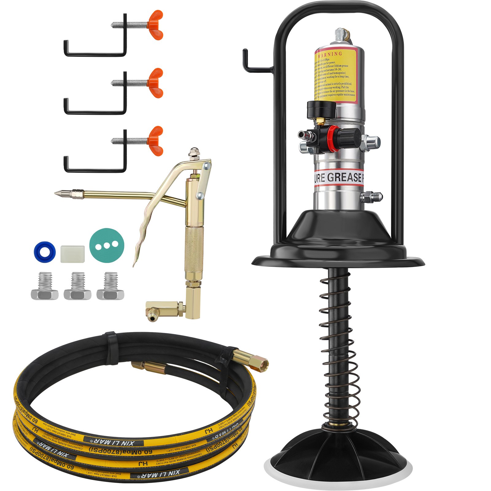 VEVOR Grease Pump, 50:1 Pressure Ratio Air Operated Grease Pump with 3.88 m High Pressure Hose and Grease Gun, Pneumatic Grease Pump with Barrel Cap, Portable Lubrication Grease Pump 360° Gun Head