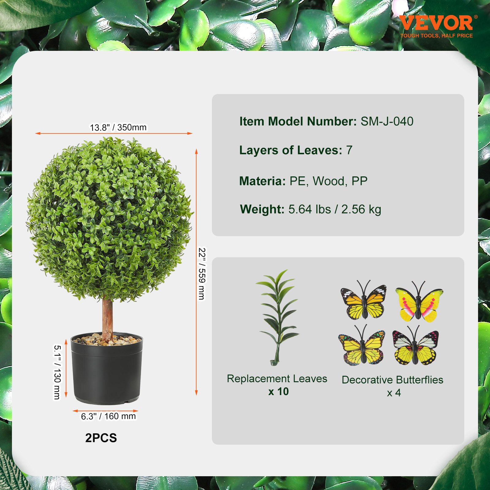 VEVOR 2x Artificial Boxwood Ball Ø40,6cm Garden Deco Boxwood in Flowerpot Ball Artificial Boxwood Ball Artificial Plant made of PE, Wood, PP incl. 4 pcs. Decorative butterflies and 10 pcs. Replacement