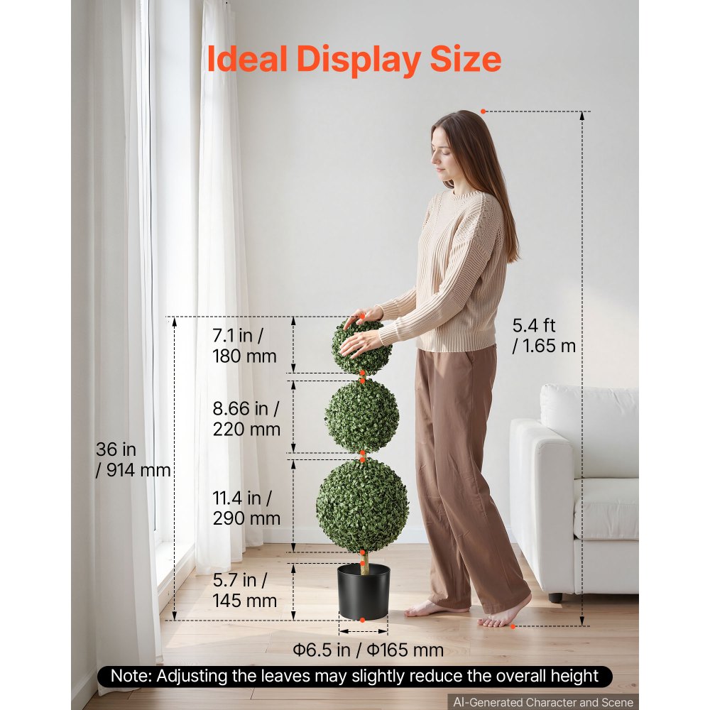 VEVOR Artificial Boxwood Topiary Triple Ball 3 Ft Set of 2 Greenery Decor, Premium PE Fake Trees, Year-Round Indoor & Outdoor Faux Green Plant for Front Door, Entryway, Porch, Balcony, Patio, Garden