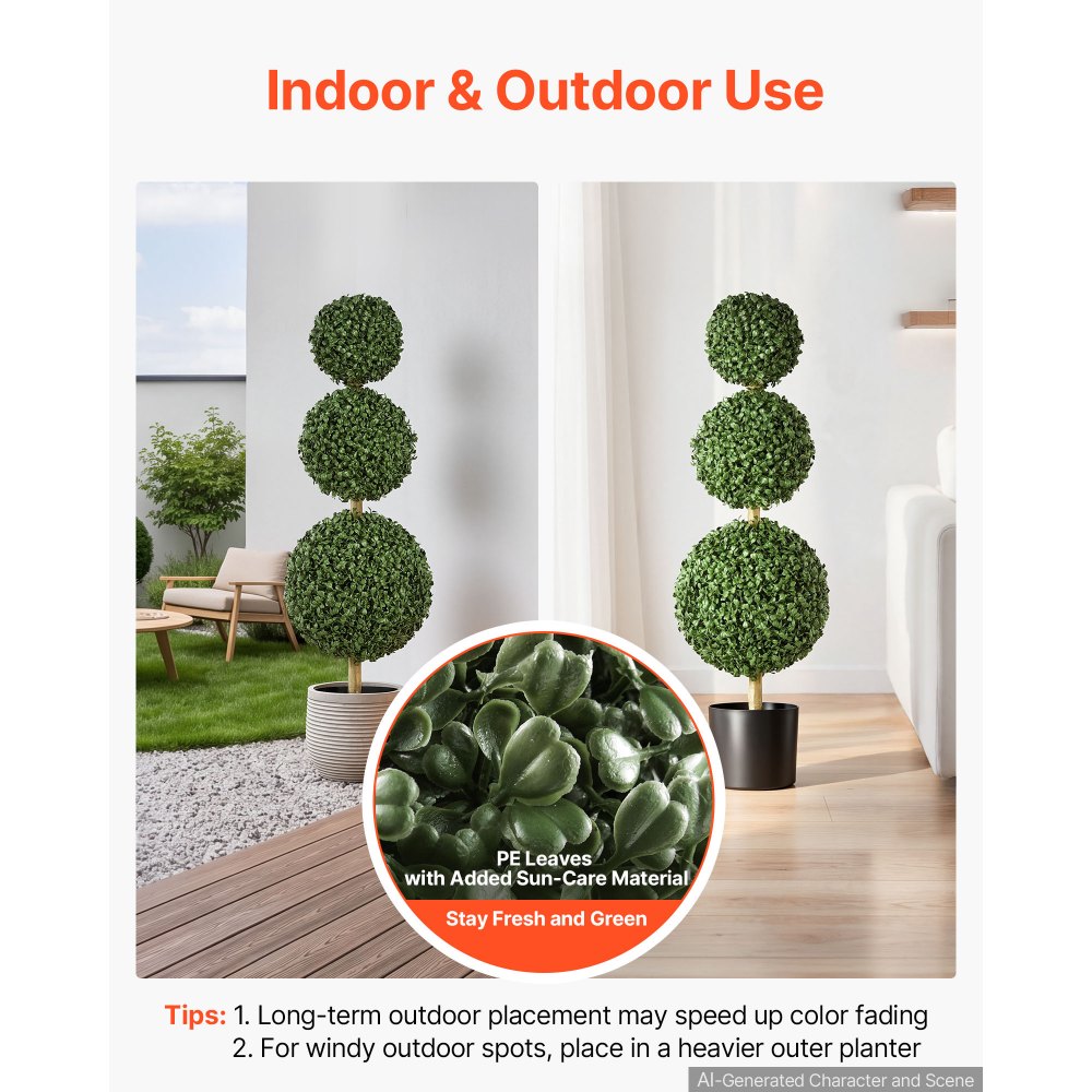 VEVOR Artificial Boxwood Topiary Triple Ball 3 Ft Set of 2 Greenery Decor, Premium PE Fake Trees, Year-Round Indoor & Outdoor Faux Green Plant for Front Door, Entryway, Porch, Balcony, Patio, Garden