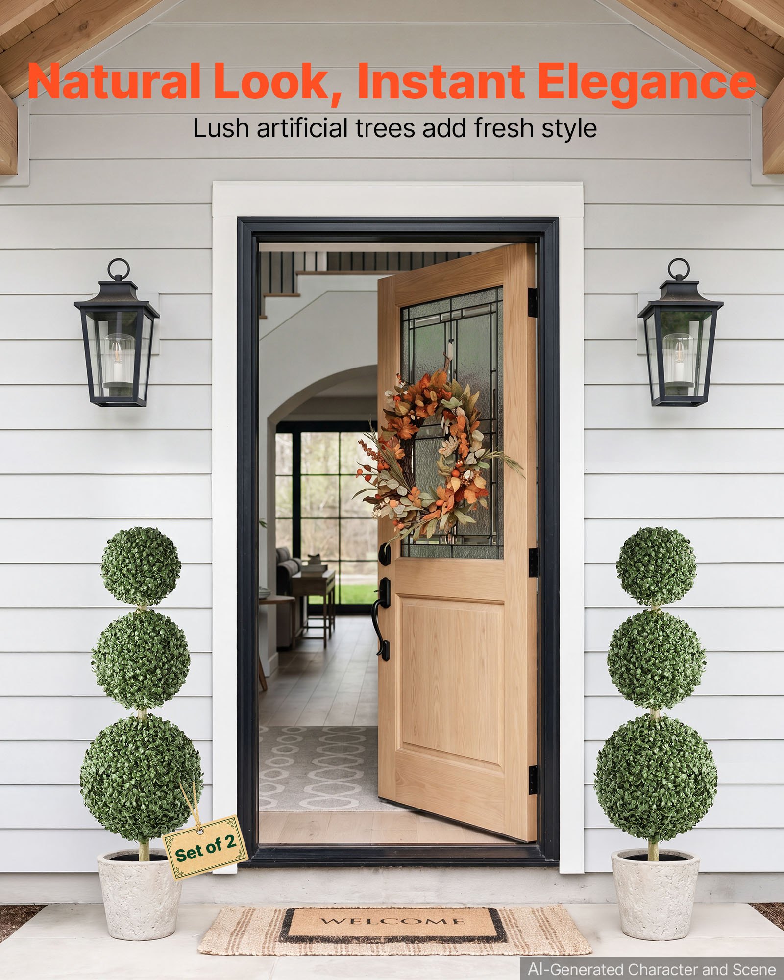 VEVOR Artificial Boxwood Topiary Triple Ball 3 Ft Set of 2 Greenery Decor, Premium PE Fake Trees, Year-Round Indoor & Outdoor Faux Green Plant for Front Door, Entryway, Porch, Balcony, Patio, Garden