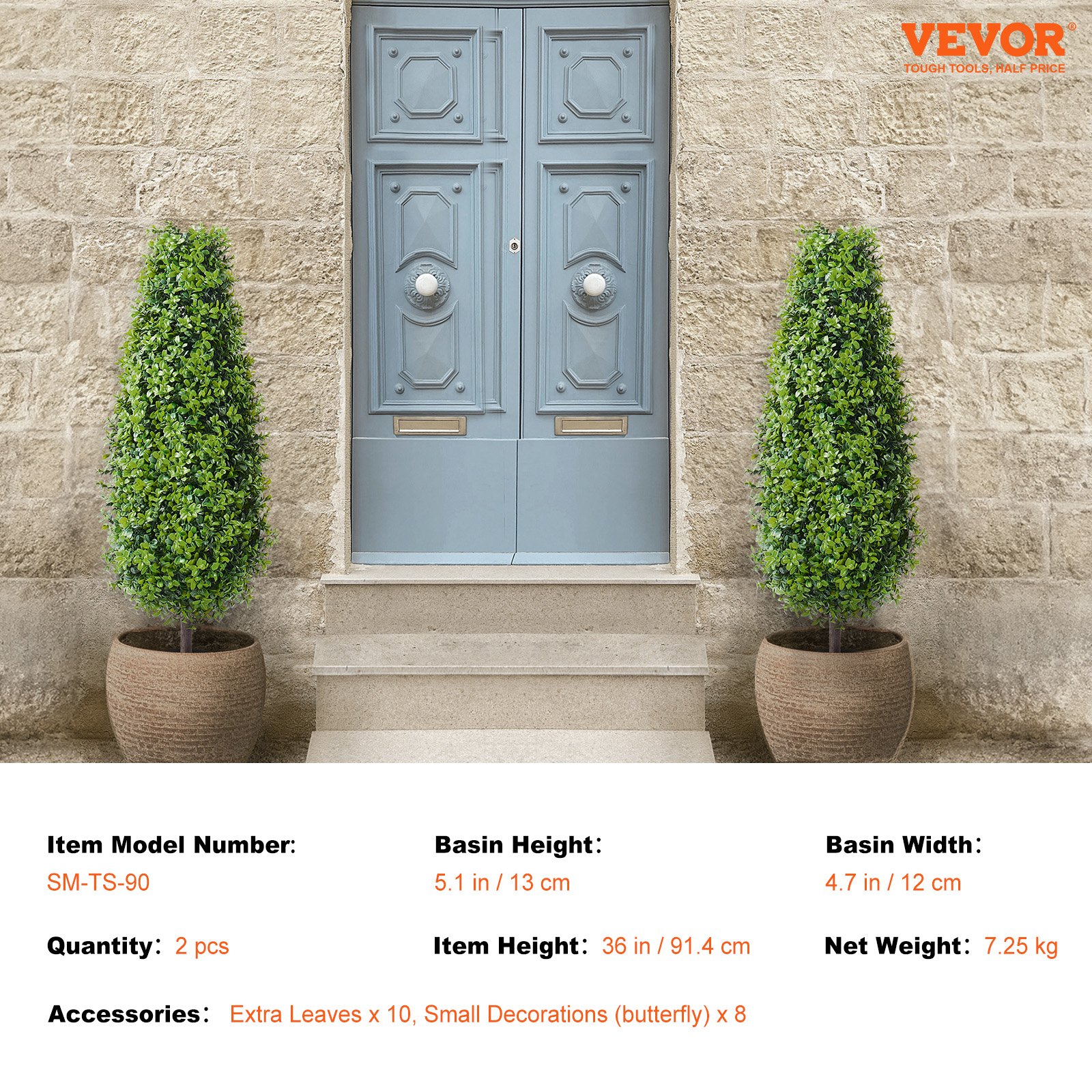 VEVOR Artificial Boxwood Topiary Tree, 914mm Tall (2 Pieces), Faux Topiary Trees, Green Faux Plant w/ Extra Leaves & Pot & Small Decoration, UV Rated Greenery Set for Home Decor Indoor/Outdoor