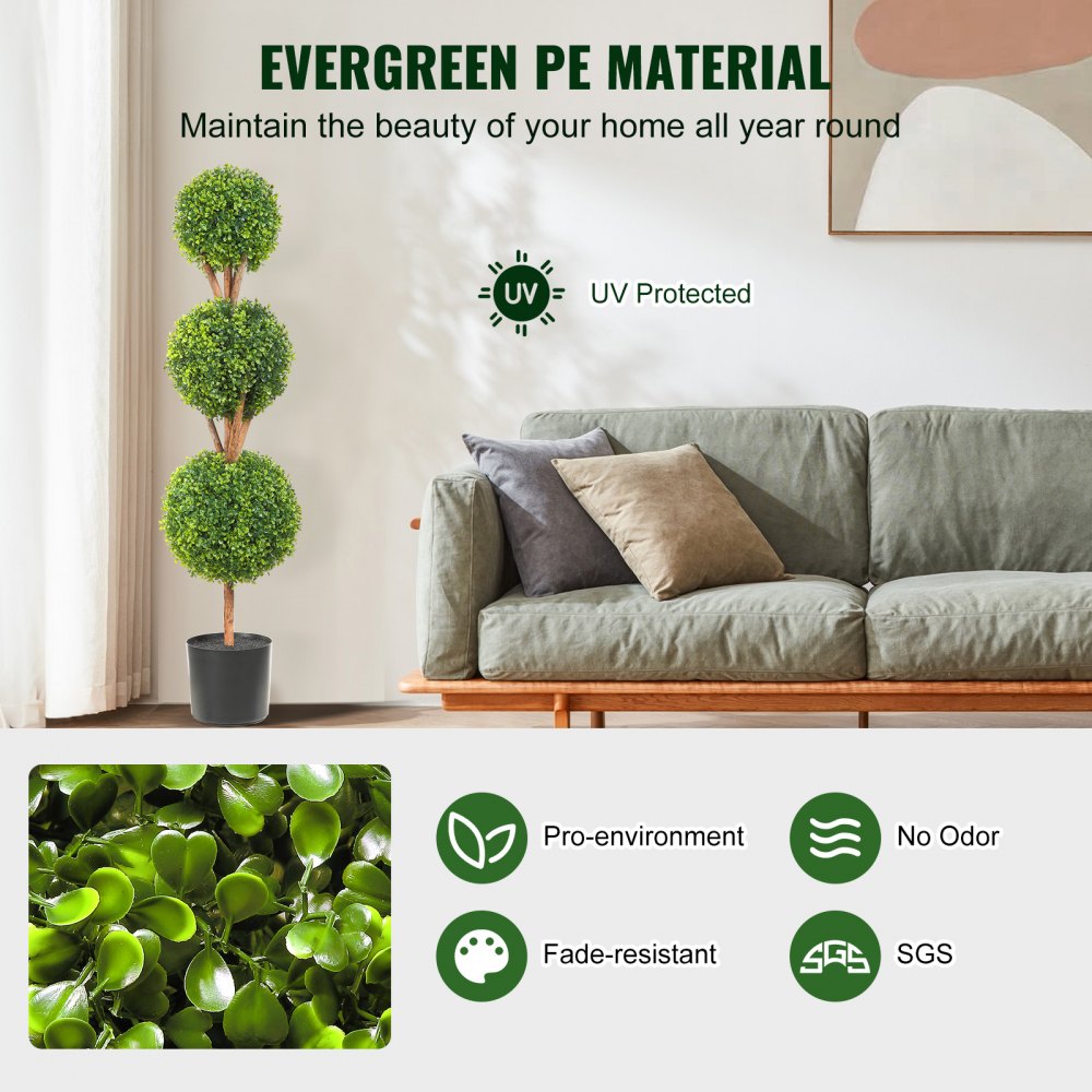 VEVOR Artificial Topiaries Boxwood Trees, 48 inch Tall (2 Pieces), 3 Ball-Shape Faux Topiaries Plant with Planters, Green Feaux Plant w/ Replaceable Leaves & Port for Decorative Indoor/Outdoor/Garden