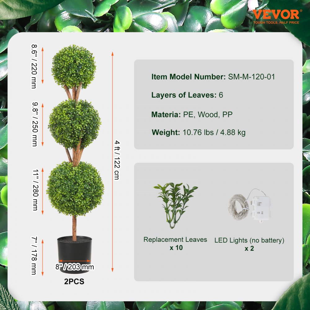 VEVOR Artificial Topiaries Boxwood Trees, 48 inch Tall (2 Pieces), 3 Ball-Shape Faux Topiaries Plant with Planters, Green Feaux Plant w/ Replaceable Leaves & Port for Decorative Indoor/Outdoor/Garden