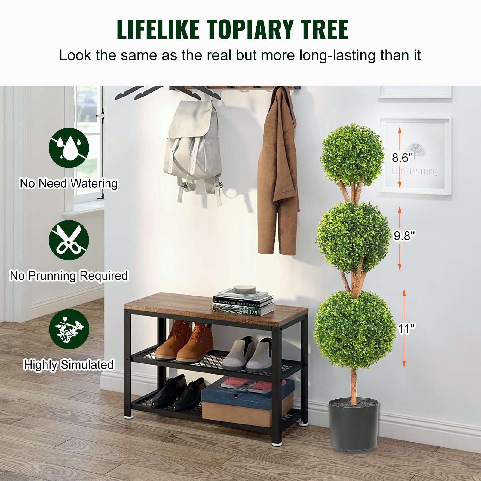 VEVOR Artificial Topiaries Boxwood Trees, 48 inch Tall (2 Pieces), 3 Ball-Shape Faux Topiaries Plant with Planters, Green Feaux Plant w/ Replaceable Leaves & Port for Decorative Indoor/Outdoor/Garden