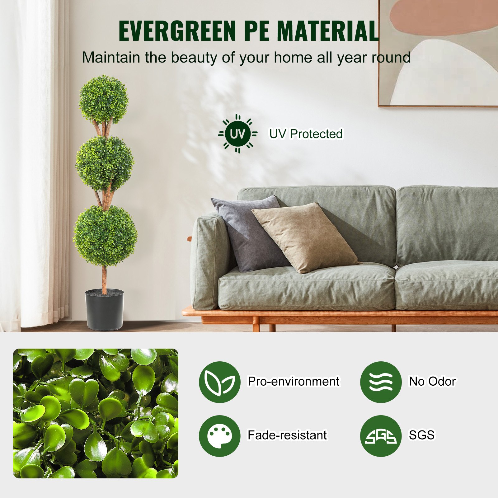 VEVOR Artificial Topiaries Boxwood Trees, 48 inch Tall (2 Pieces), 3 Ball-Shape Faux Topiaries Plant with Planters, Green Feaux Plant w/ Replaceable Leaves & Port for Decorative Indoor/Outdoor/Garden