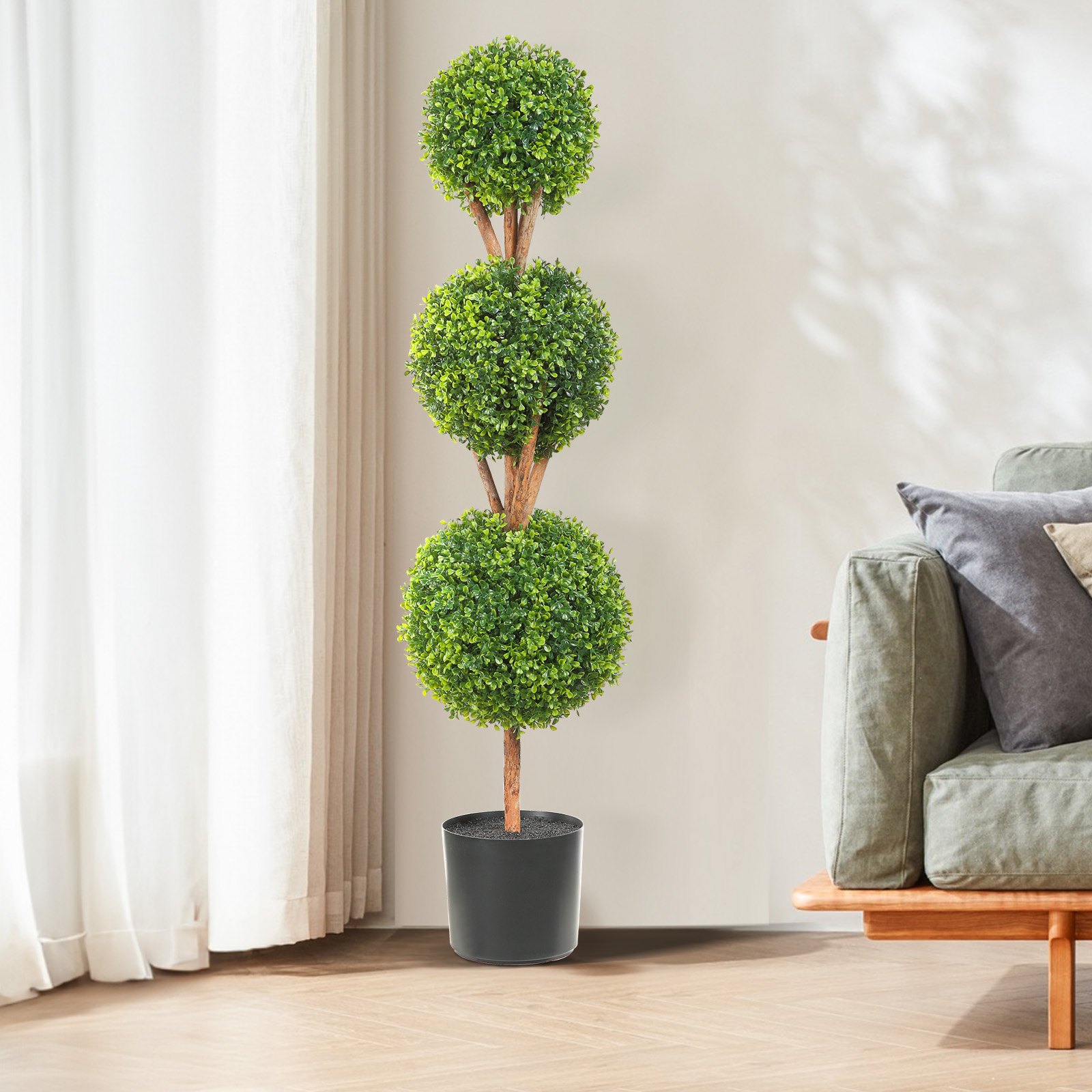 VEVOR Artificial Topiaries Boxwood Trees, 48 inch Tall (2 Pieces), 3 Ball-Shape Faux Topiaries Plant with Planters, Green Feaux Plant w/ Replaceable Leaves & Port for Decorative Indoor/Outdoor/Garden