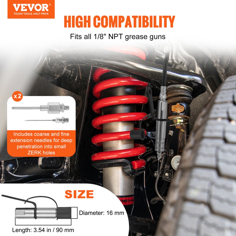 VEVOR Grease Gun Coupler 2 PCS, 10000 PSI High Pressure, 3-Jaw Locking Quick Release Grease Gun Tip with Hose/Cleaner/Extension Needle/Leak-Proof Cap, Compatible with All Grease Guns 1/8" NPT Fittings