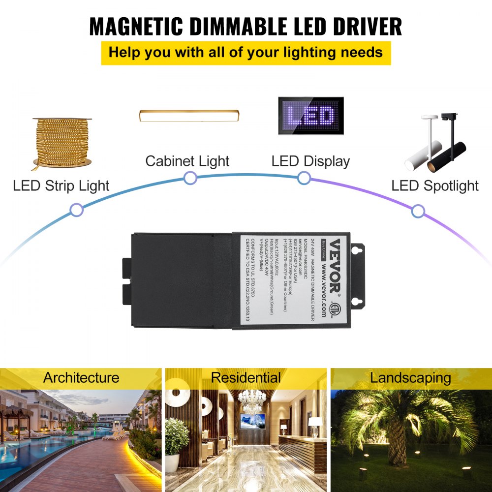 VEVOR Dimmable LED Driver, 24V 40W Magnetic Power Supply, 120V AC - 24V DC LED Transformer,Low Voltage Power Supply for LED Strip Lights,Compatible with MLV, ELV, CL Dimmers,ETL Listed