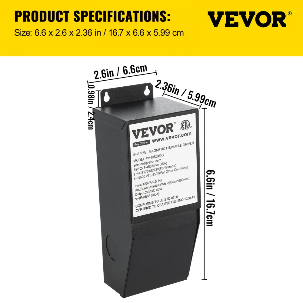VEVOR Dimmable LED Driver, 24V 40W Magnetic Power Supply, 120V AC - 24V DC LED Transformer,Low Voltage Power Supply for LED Strip Lights,Compatible with MLV, ELV, CL Dimmers,ETL Listed