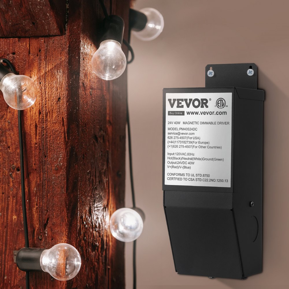VEVOR Dimmable LED Driver, 24V 40W Magnetic Power Supply, 120V AC - 24V DC LED Transformer,Low Voltage Power Supply for LED Strip Lights,Compatible with MLV, ELV, CL Dimmers,ETL Listed