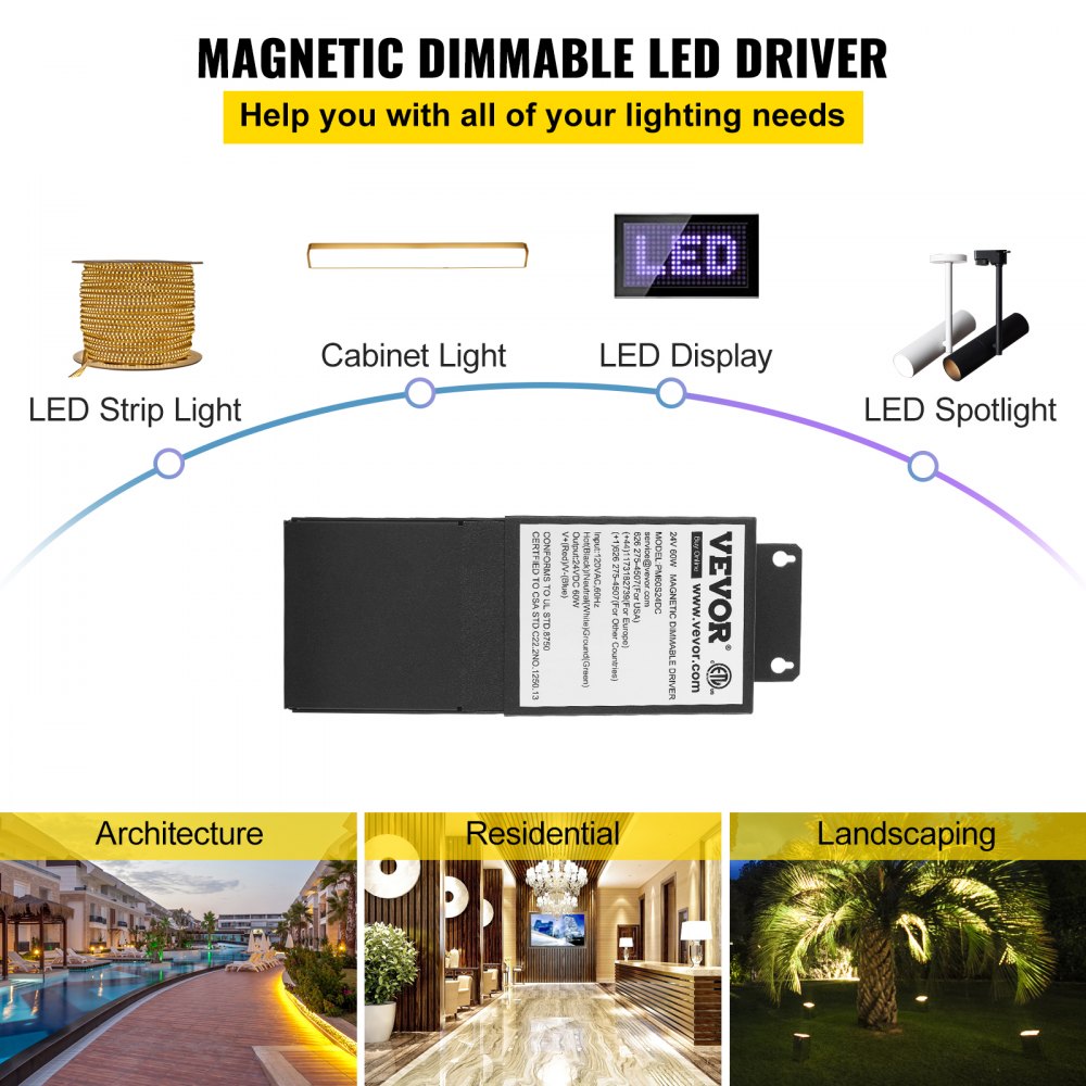 VEVOR Dimmable LED Driver, 24V 60W Magnetic Power Supply, 120V AC - 24V DC LED Transformer,Low Voltage Power Supply for LED Strip Lights,Compatible with MLV, ELV, CL Dimmers,ETL Listed