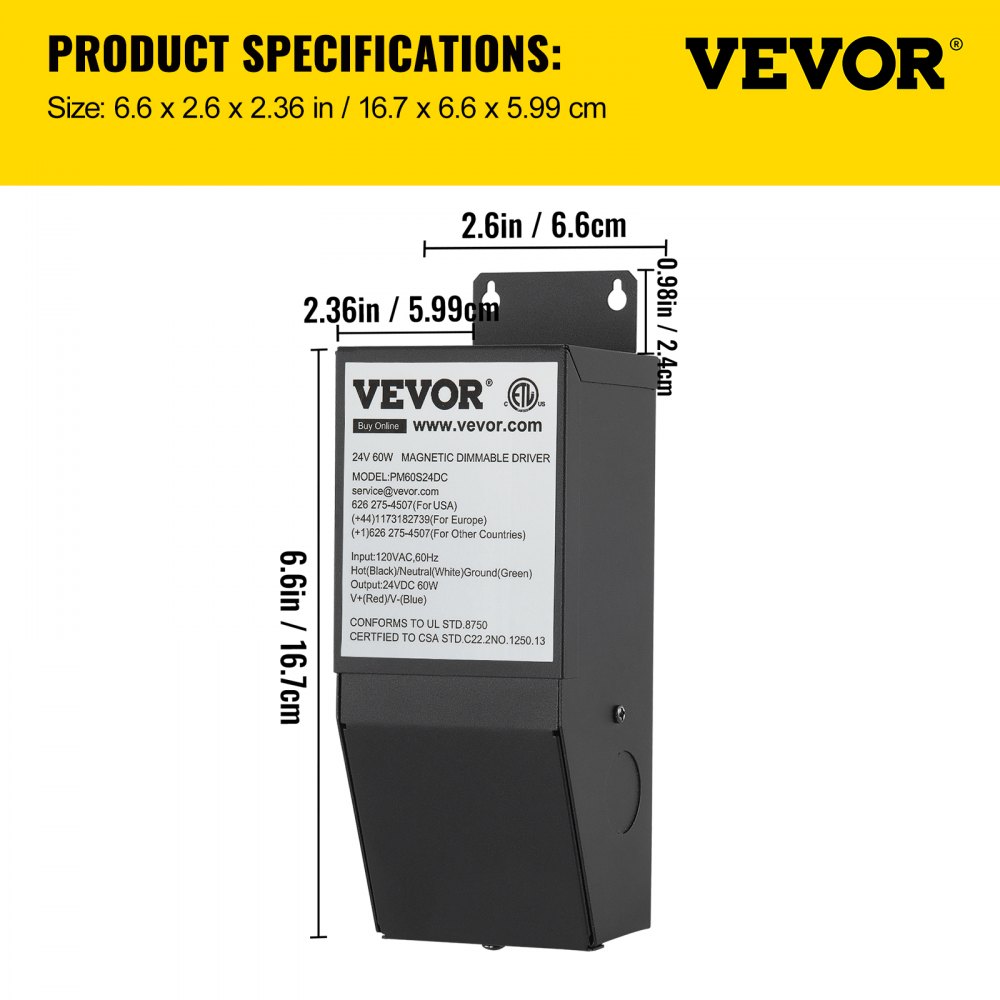 VEVOR Dimmable LED Driver, 24V 60W Magnetic Power Supply, 120V AC - 24V DC LED Transformer,Low Voltage Power Supply for LED Strip Lights,Compatible with MLV, ELV, CL Dimmers,ETL Listed