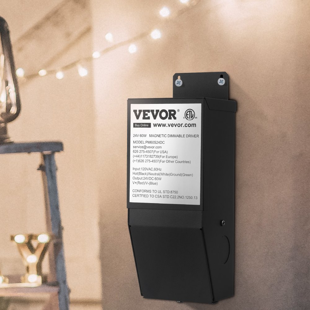 VEVOR Dimmable LED Driver, 24V 60W Magnetic Power Supply, 120V AC - 24V DC LED Transformer,Low Voltage Power Supply for LED Strip Lights,Compatible with MLV, ELV, CL Dimmers,ETL Listed