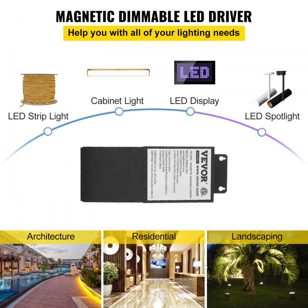 VEVOR Dimmable LED Driver, 12V 60W Magnetic Power Supply, 120V AC - 12V DC LED Transformer,Low Voltage Power Supply for LED Strip Lights,Compatible with MLV, ELV, CL Dimmers,ETL Listed