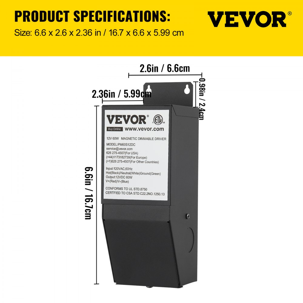 VEVOR Dimmable LED Driver, 12V 60W Magnetic Power Supply, 120V AC - 12V DC LED Transformer,Low Voltage Power Supply for LED Strip Lights,Compatible with MLV, ELV, CL Dimmers,ETL Listed