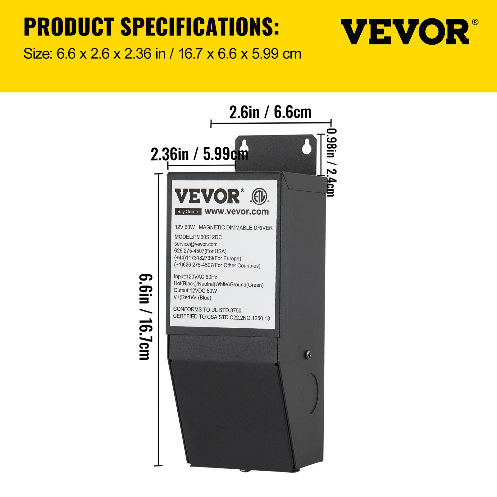 VEVOR Dimmable LED Driver, 12V 60W Magnetic Power Supply, 120V AC - 12V DC LED Transformer,Low Voltage Power Supply for LED Strip Lights,Compatible with MLV, ELV, CL Dimmers,ETL Listed