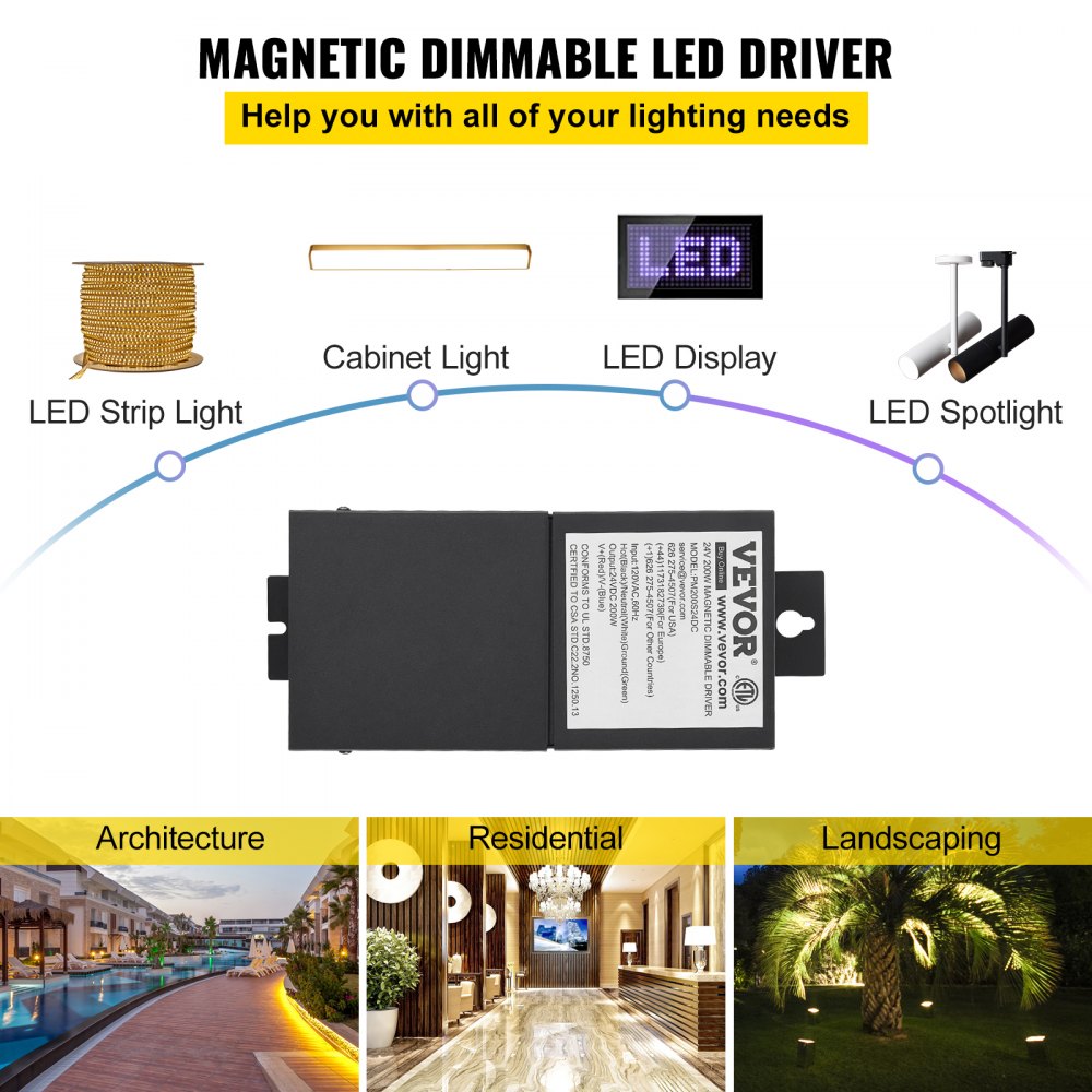 Transformador de iluminación magnético 200W 24V 8.3A ETL del controlador LED regulable VEVOR enumerado