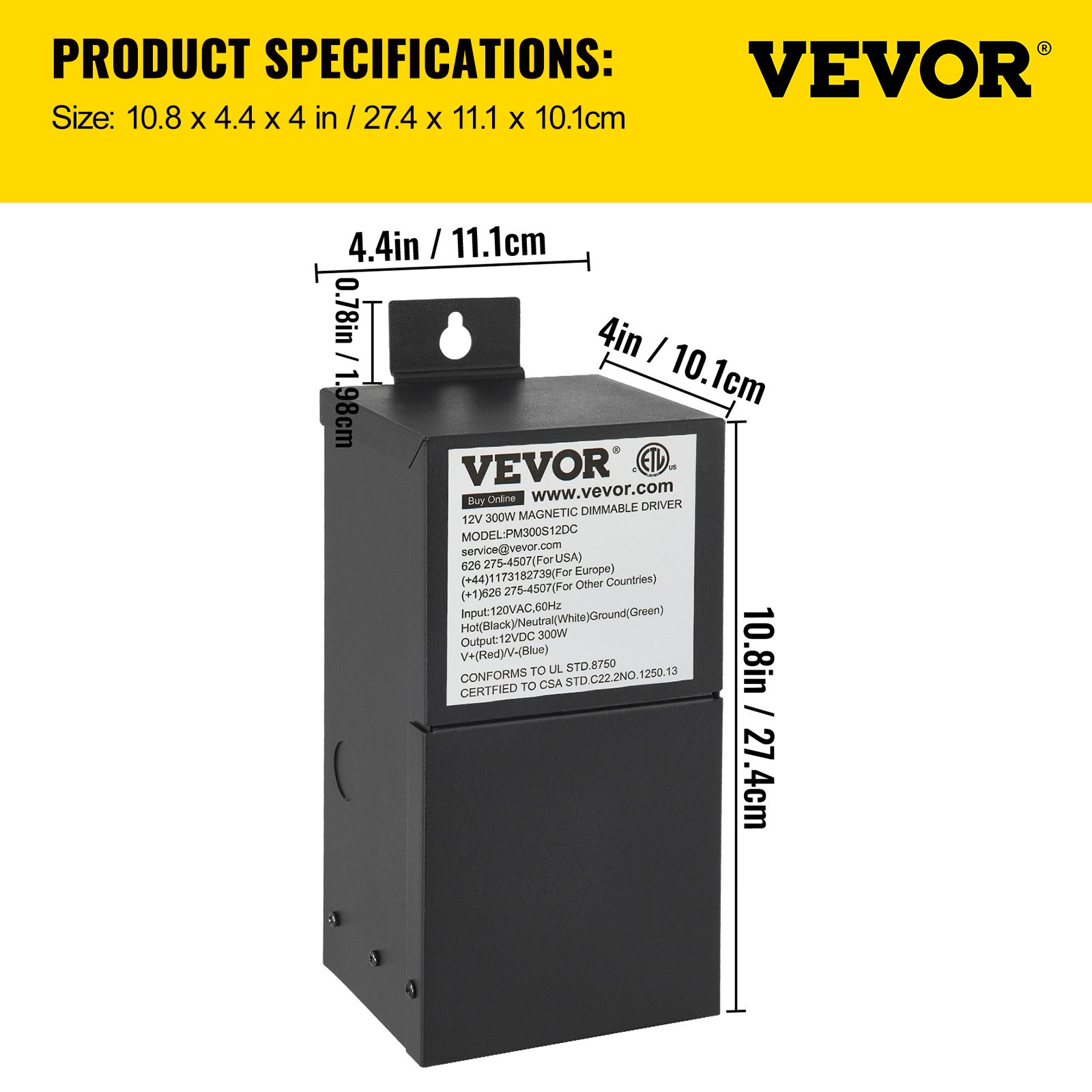 VEVOR Dimmable LED Driver, 12V 300W Magnetic Power Supply, 120V AC - 12V DC LED Transformer,Low Voltage Power Supply for LED Strip Lights,Compatible with MLV, ELV, CL Dimmers,ETL Listed