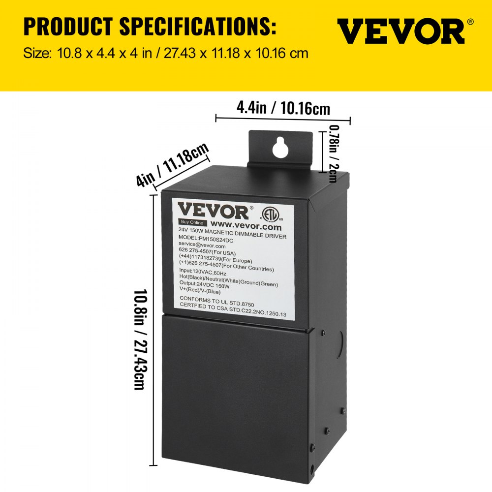 VEVOR Dimmable LED Driver, 24V 150W Magnetic Power Supply, 120V AC - 24V DC LED Transformer,Low Voltage Power Supply for LED Strip Lights,Compatible with MLV, ELV, CL Dimmers,ETL Listed