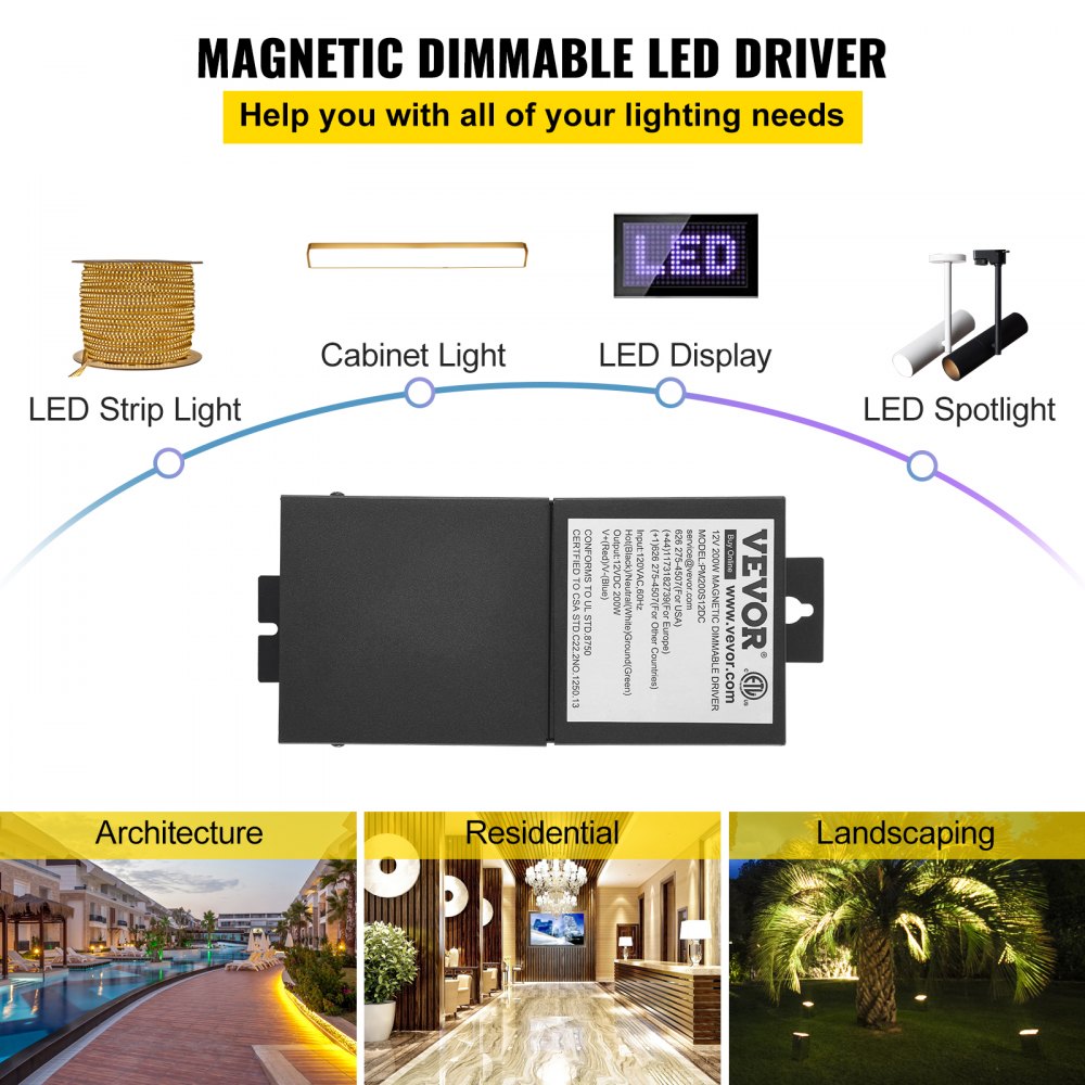 Controlador LED regulable VEVOR, fuente de alimentación magnética de 12 V 200 W, transformador LED de 120 V CA - 12 V CC, fuente de alimentación de bajo voltaje para tiras de luces LED, compatible con reguladores de intensidad MLV, ELV, CL, listado ETL