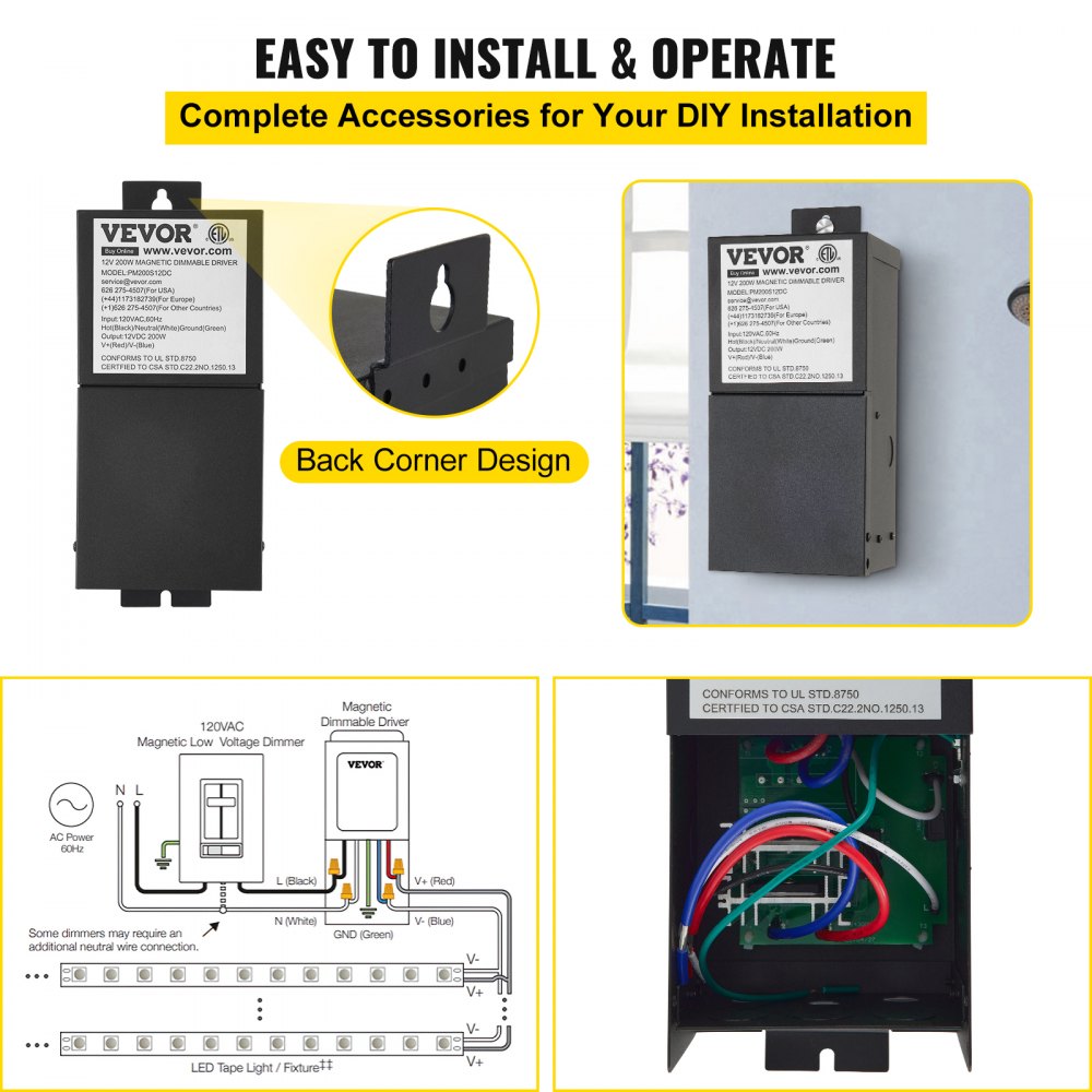 Controlador LED regulable VEVOR, fuente de alimentación magnética de 12 V 200 W, transformador LED de 120 V CA - 12 V CC, fuente de alimentación de bajo voltaje para tiras de luces LED, compatible con reguladores de intensidad MLV, ELV, CL, listado ETL
