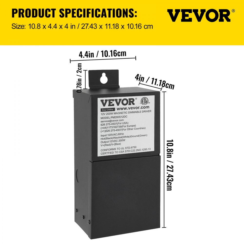 Controlador LED regulable VEVOR, fuente de alimentación magnética de 12 V 200 W, transformador LED de 120 V CA - 12 V CC, fuente de alimentación de bajo voltaje para tiras de luces LED, compatible con reguladores de intensidad MLV, ELV, CL, listado ETL