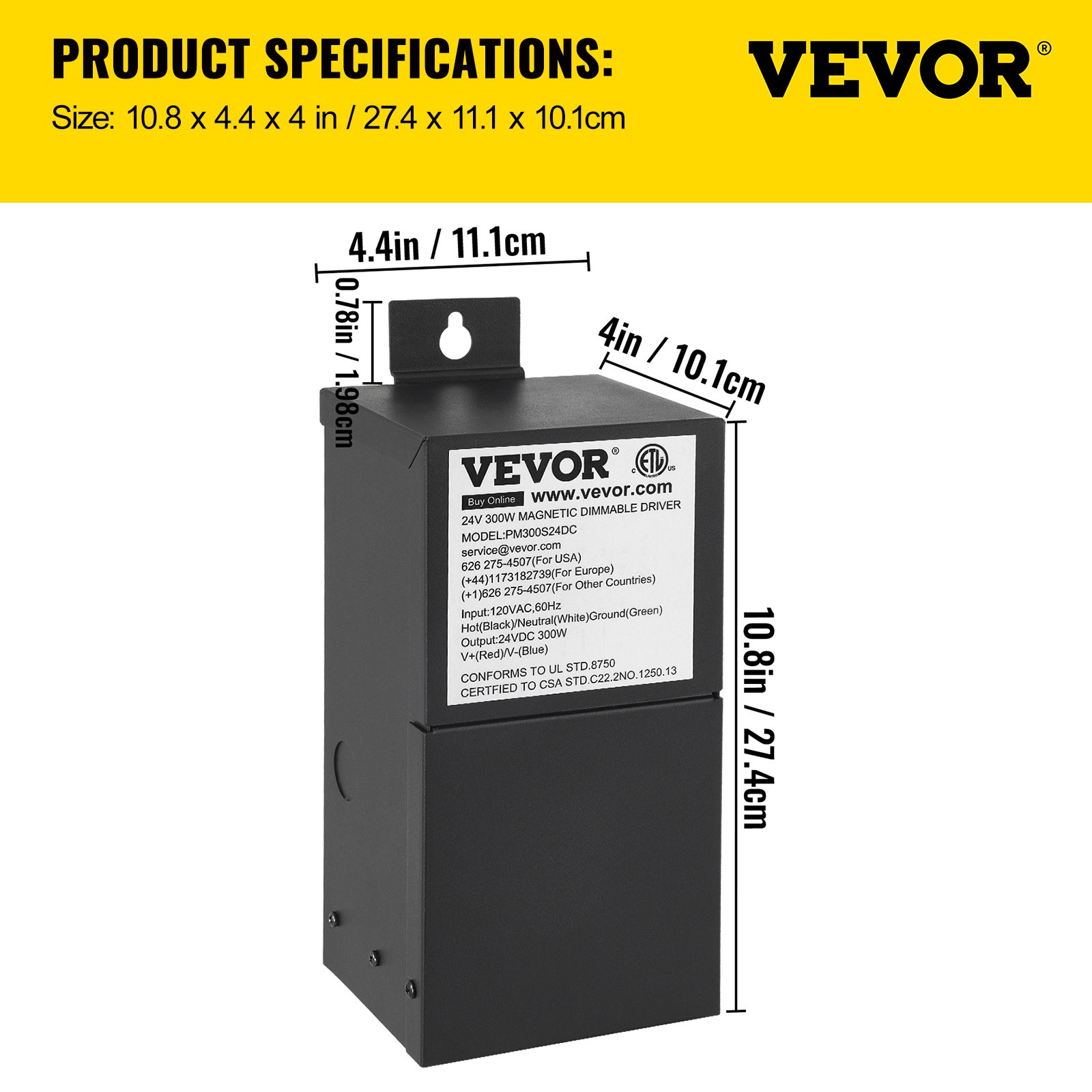 VEVOR Dimmable LED Driver, 24V 300W Magnetic Power Supply, 120V AC - 24V DC LED Transformer,Low Voltage Power Supply for LED Strip Lights,Compatible with MLV, ELV, CL Dimmers,ETL Listed