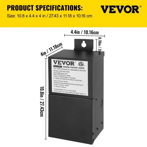 VEVOR Dimmable LED Driver, 12V 150W Magnetic Power Supply, 120V AC - 12V DC LED Transformer,Low Voltage Power Supply for LED Strip Lights,Compatible with MLV, ELV, CL Dimmers,ETL Listed