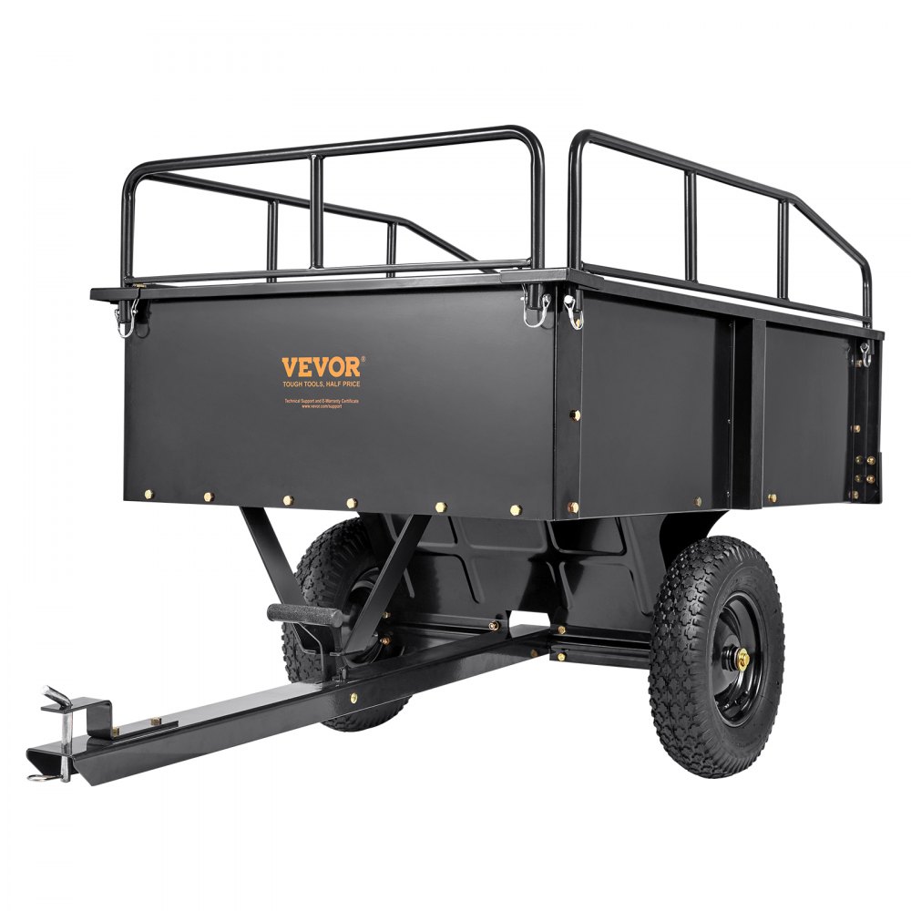 Carrinho basculante de aço para reboque ATV resistente VEVOR, 750 libras e 15 pés cúbicos, trailer utilitário de jardim com laterais removíveis para trator cortador de grama