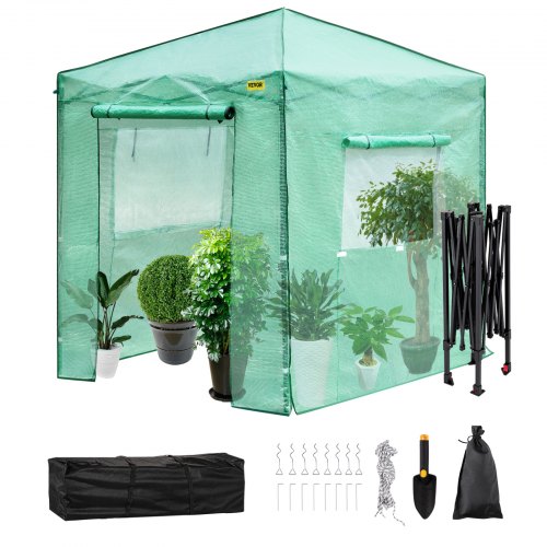 VEVOR 8\'x 6\'x 8\' Pop-Up Greenhouse, Set Up in Minutes, Portable Greenhouse with Doors & Windows. High Strength PE Cover & Powder-Coated Steel Construction