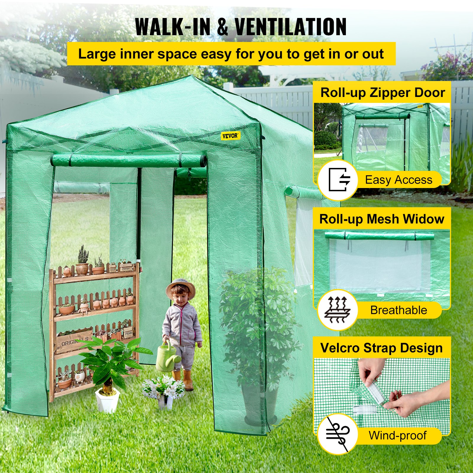 VEVOR 8\'x 6\'x 8\' Pop-Up Greenhouse, Set Up in Minutes, Portable Greenhouse with Doors & Windows. High Strength PE Cover & Powder-Coated Steel Construction