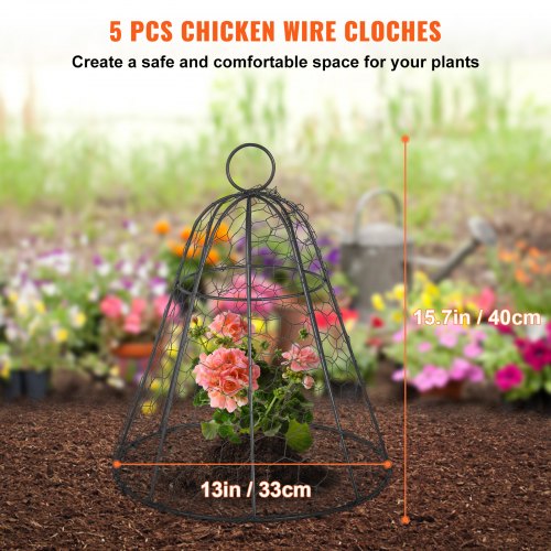 VEVOR Chicken Wire Cloche, 5 Packs 13" Diameter x 15.7" Height, Plant Protector and Cover with Zip Ties & Staples, Sturdy Metal Cage Garden Protection from Animals, No Assembly Required, Black