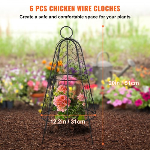 VEVOR Chicken Wire Cloche, 6 Packs 12.2" Diameter x 20" Height, Plant Protector and Cover with Zip Ties & Staples, Sturdy Metal Cage Garden Protection from Animals, No Assembly Required, Black