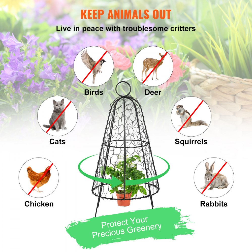 VEVOR Chicken Wire Cloche, 6 Packs 12.2" Diameter x 20" Height, Plant Protector and Cover with Zip Ties & Staples, Sturdy Metal Cage Garden Protection from Animals, No Assembly Required, Black