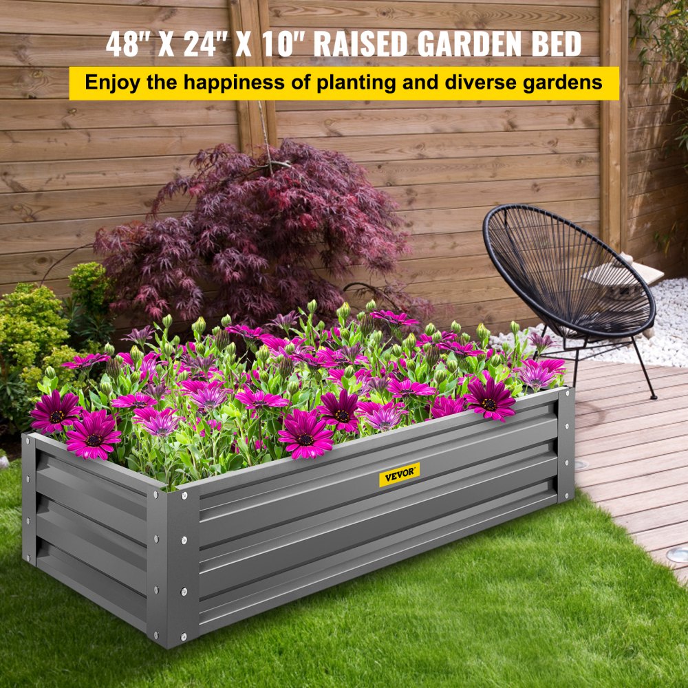 VEVOR Cama de jardín elevada galvanizada, 48" x 24" x 10", kit de caja de maceta de metal de acero, cajas de plantas al aire libre para cultivar verduras, flores, frutas, hierbas y suculentas, gris