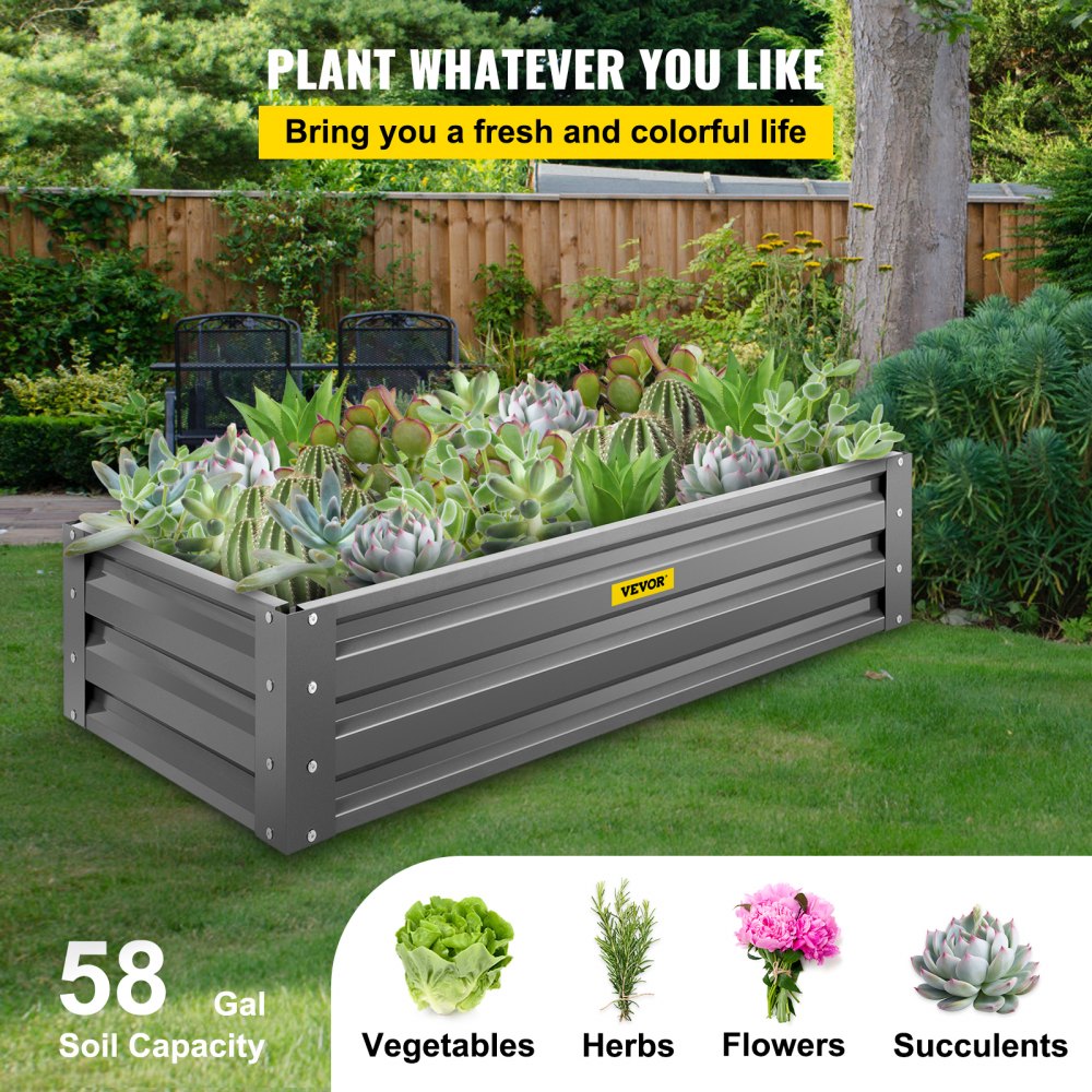 VEVOR Cama de jardín elevada galvanizada, 48" x 24" x 10", kit de caja de maceta de metal de acero, cajas de plantas al aire libre para cultivar verduras, flores, frutas, hierbas y suculentas, gris