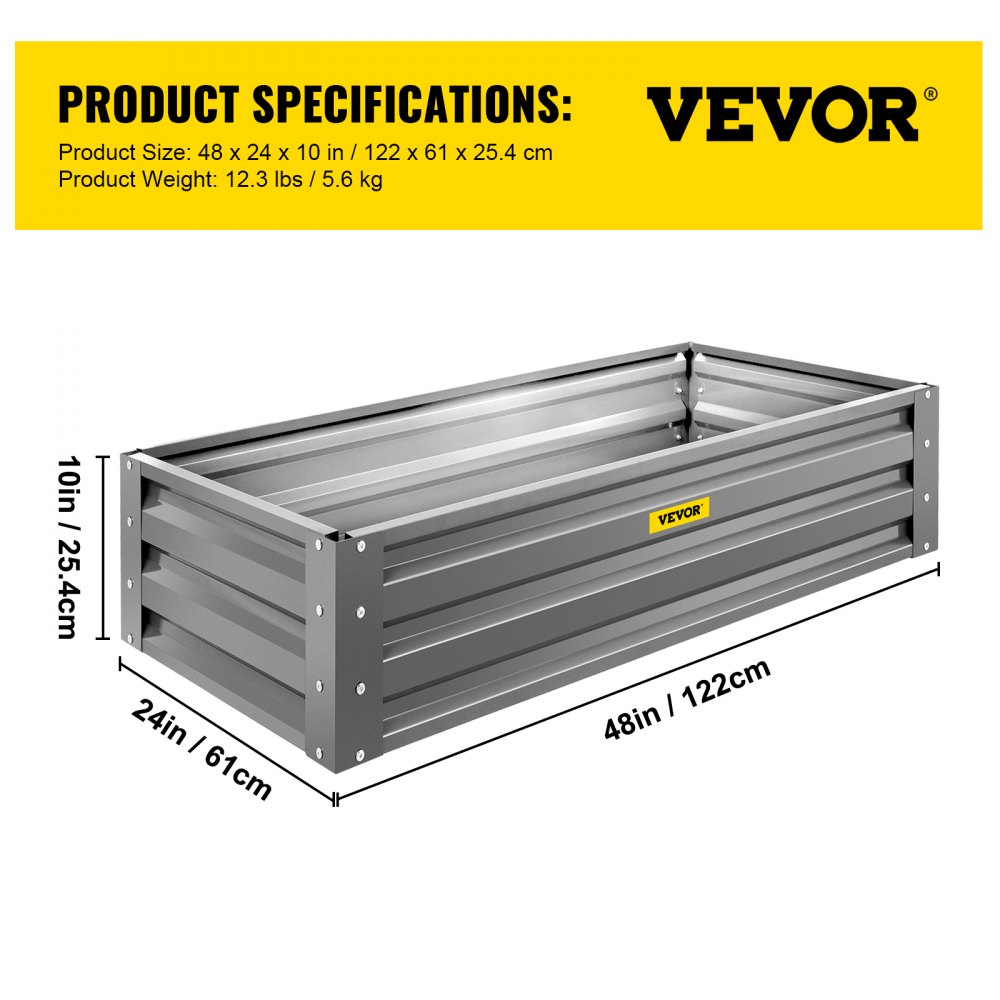 VEVOR Cama de jardín elevada galvanizada, 48" x 24" x 10", kit de caja de maceta de metal de acero, cajas de plantas al aire libre para cultivar verduras, flores, frutas, hierbas y suculentas, gris