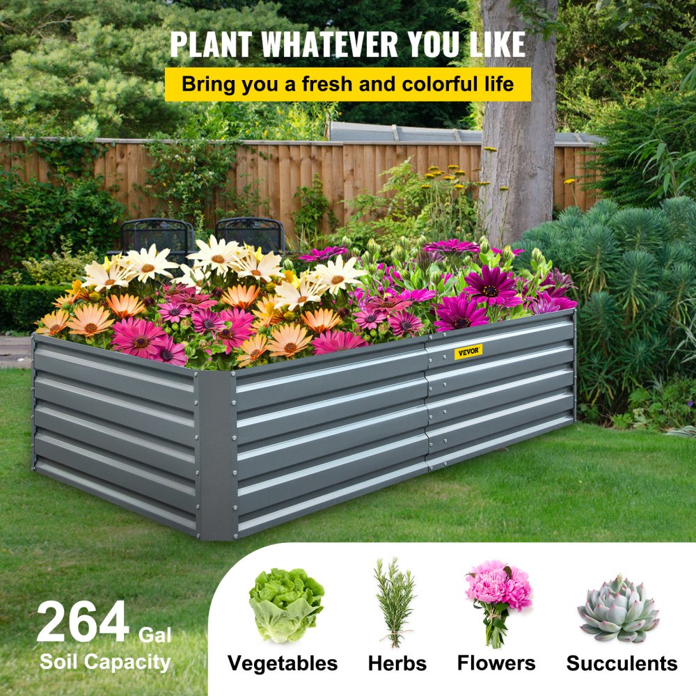 Jardinera elevada galvanizada VEVOR, jardinera metálica de 203 x 101 x 48 cm, kit de jardinera elevada de acero gris, jardineras para exteriores para cultivar verduras, flores, frutas, hierbas y suculentas.