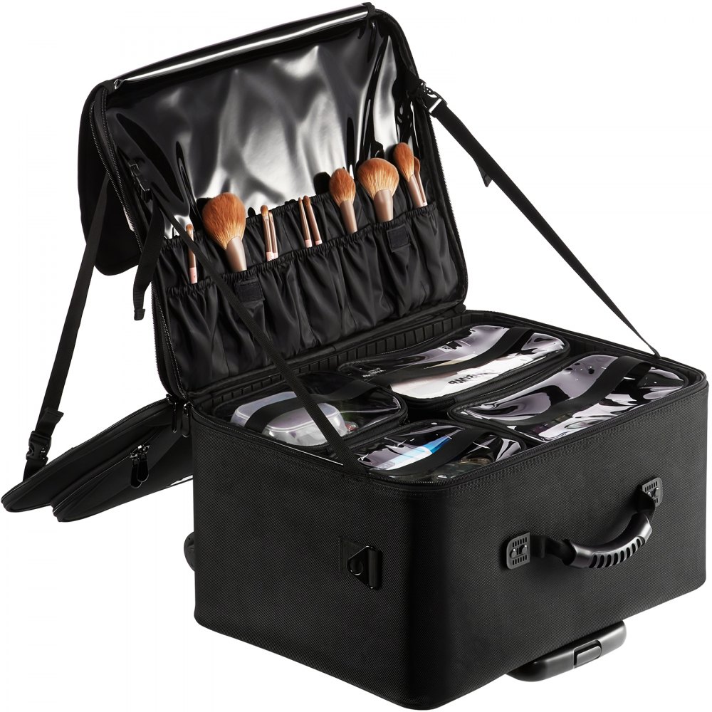 VEVOR Rolling Makeup Train Case Stor oppbevaring 3-lags, praktisk bære med håndtak, hjul, stropp, Profesjonell sminkeoppbevaring Organizer Box Makeup Carrier Vanntett Oxford, svart