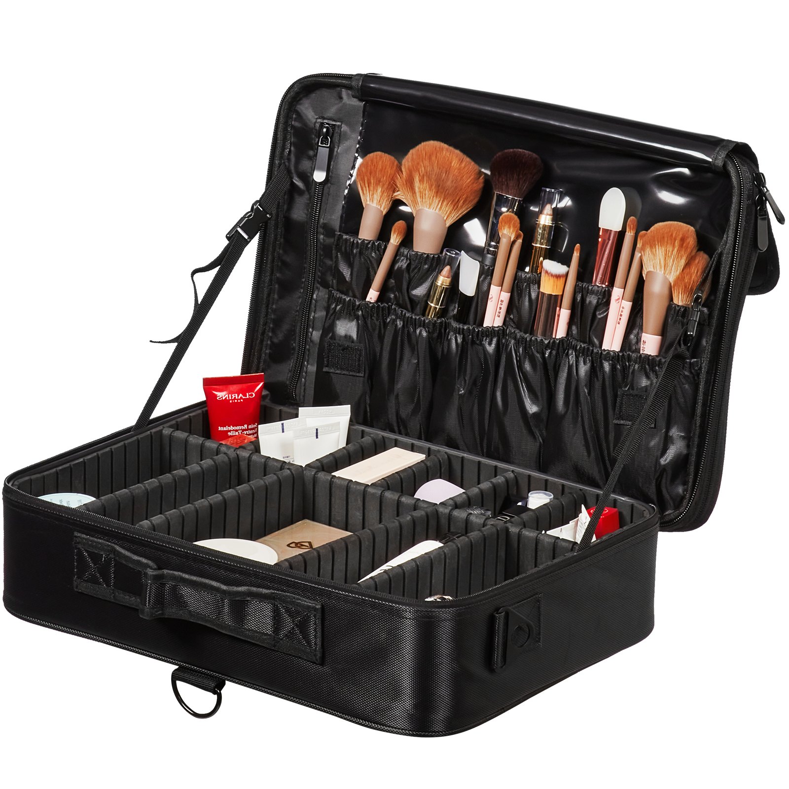 VEVOR Makeup Train Case Large Storage 3 Tiers, Convenient Carry With Handle, Strap, Professional Waterproof Oxford Makeup Storage Organizer Box, Heavy Duty Make Up Carrier, Black