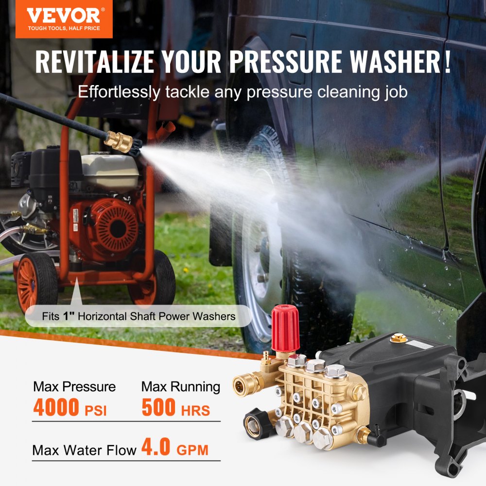 VEVOR Pressure Washer Pump, 25.4 mm(1") Shaft Horizontal Triplex Plunger, 276 bar(4000 PSI), 15 L/min(4.0GPM), Replacement Power Washer Pumps Kit with Hardware, Compatible with Simpson MorFlex 40224, 40225, 40226, Santoprene