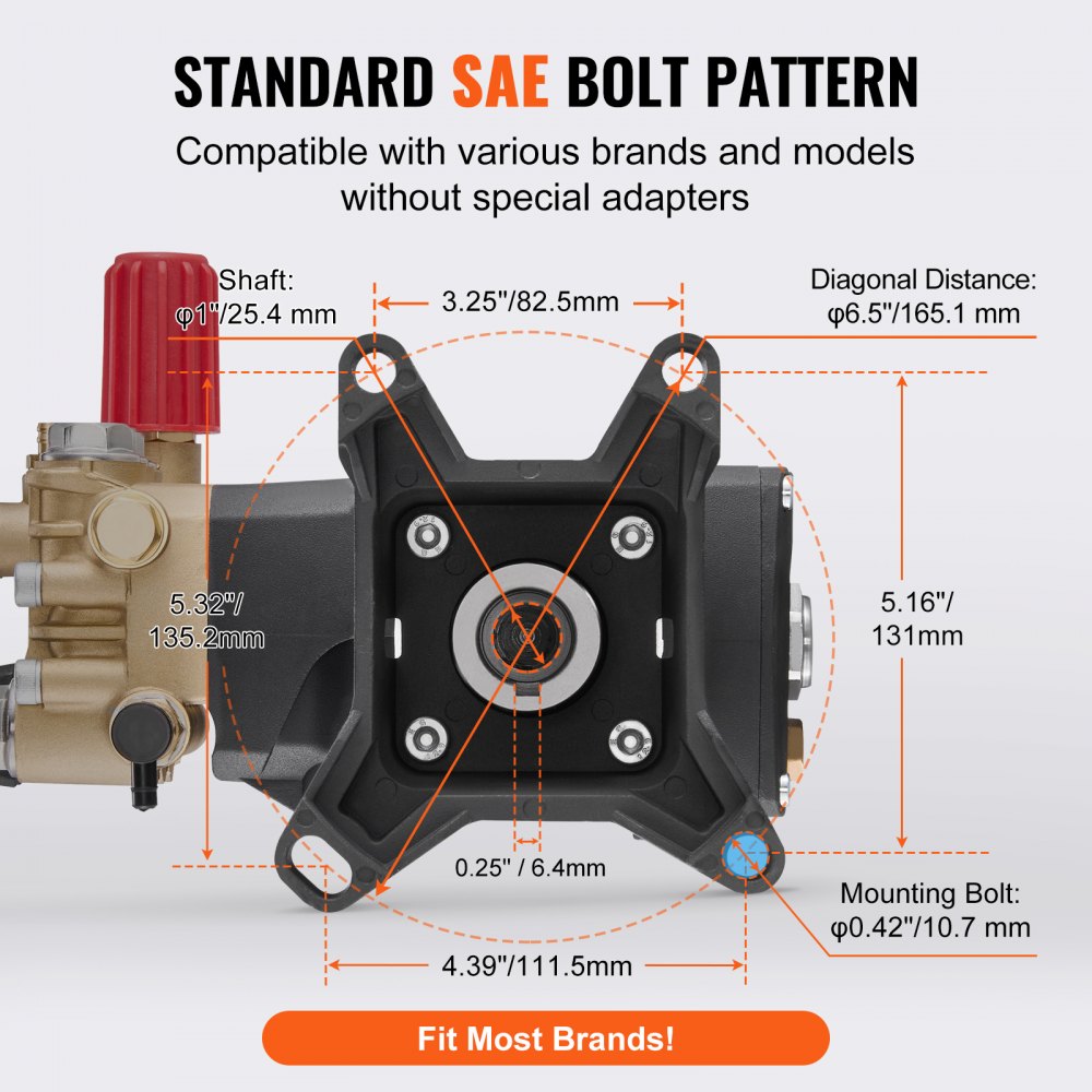 VEVOR Pressure Washer Pump, 25.4 mm(1") Shaft Horizontal Triplex Plunger, 276 bar(4000 PSI), 15 L/min(4.0GPM), Replacement Power Washer Pumps Kit with Hardware, Compatible with Simpson MorFlex 40224, 40225, 40226, Santoprene