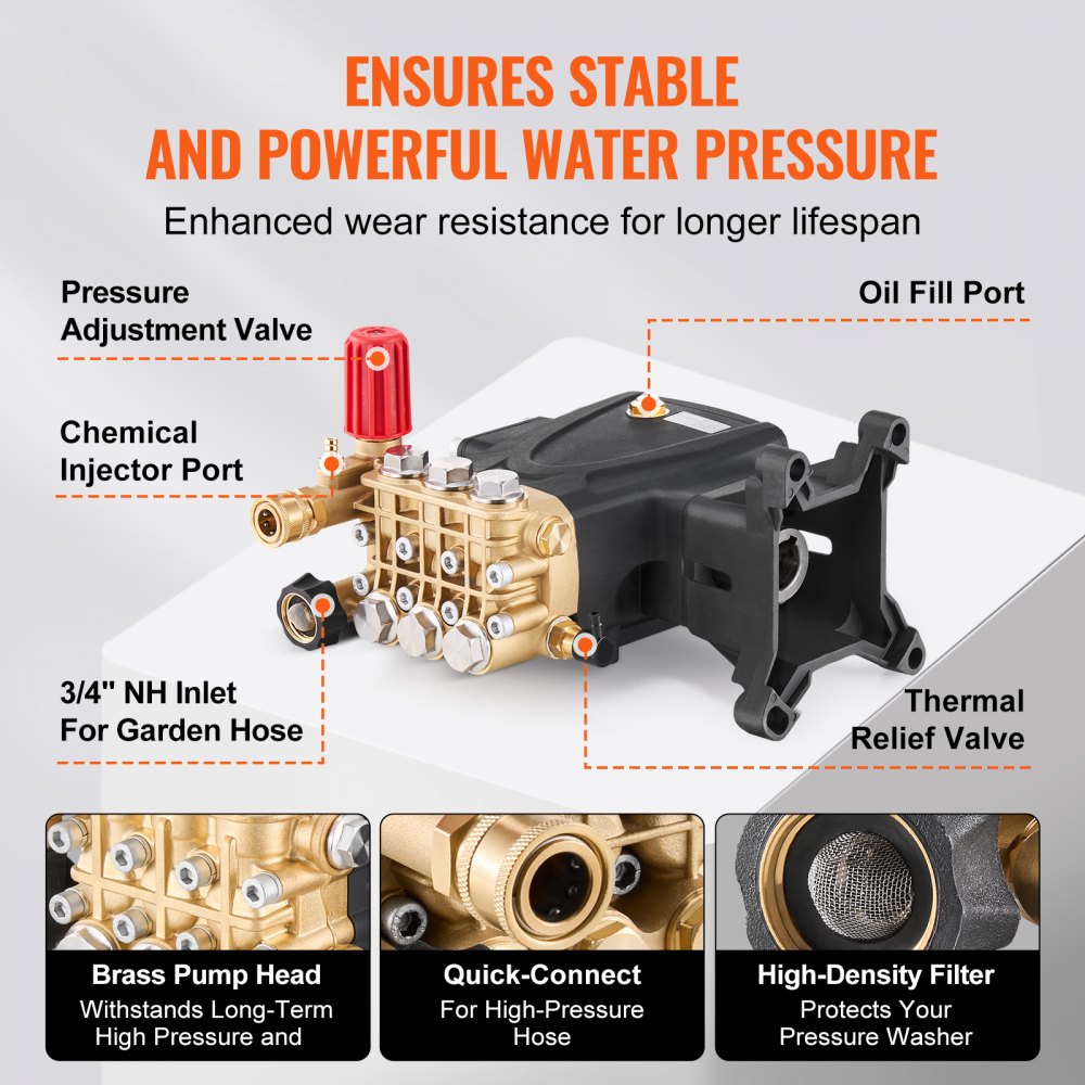 VEVOR Pressure Washer Pump, 25.4 mm(1") Shaft Horizontal Triplex Plunger, 276 bar(4000 PSI), 15 L/min(4.0GPM), Replacement Power Washer Pumps Kit with Hardware, Compatible with Simpson MorFlex 40224, 40225, 40226, Santoprene